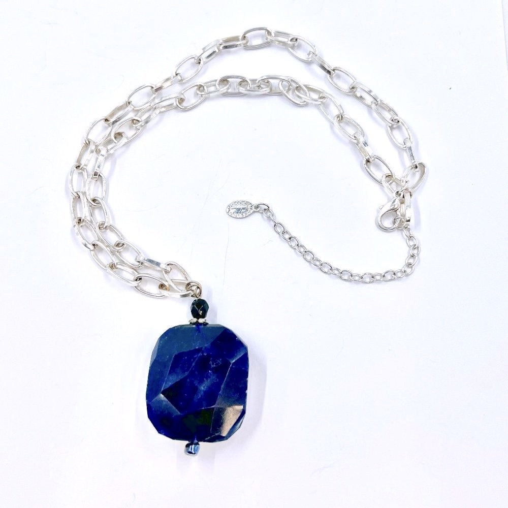Ali Khan New York - Large Blue Natural Stone Silver Tone Large Link Necklace